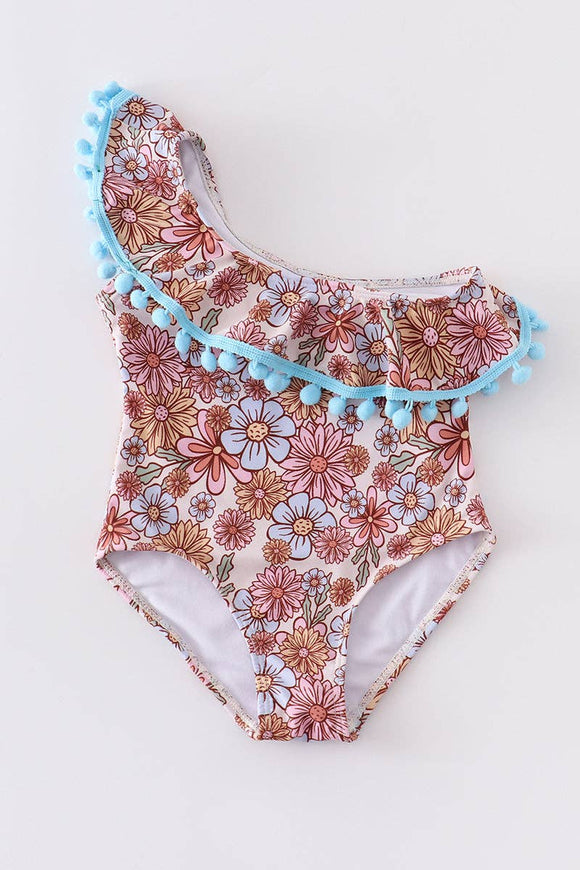 Floral print pom pom girl swimsuit