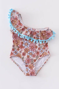 Floral print pom pom girl swimsuit
