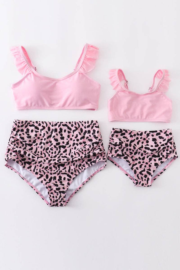 Pink leopard high waist 2 pcs swim suit mommy & me