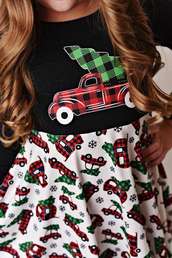 Kids Christmas Tree Truck Printed Long Sleeve Ruffle Dress