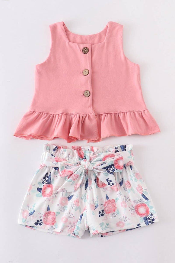 pink floral ruffle shorts set