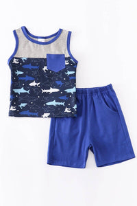 Navy shark boy tank shorts set