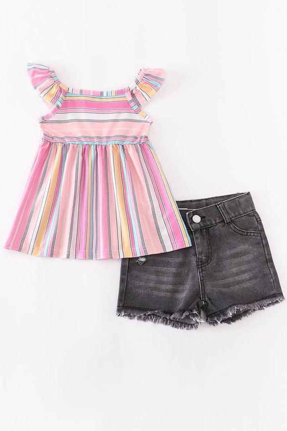 Rainbow striped Denim Shorts Set