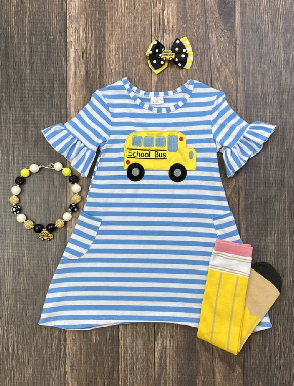 School Bus Blue Stripe Dress with Pockets