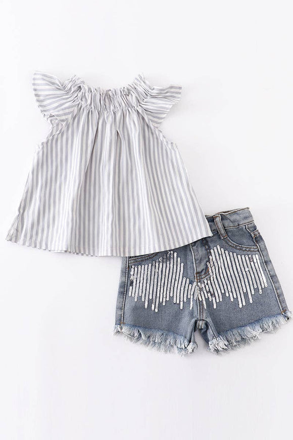 Striped top sequin jeans shorts set